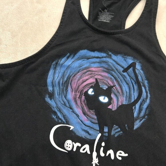 Coraline Women’s Tank Top Medium Black Long Flowy Cat Graphic Print Hot Topic - Picture 6 of 9